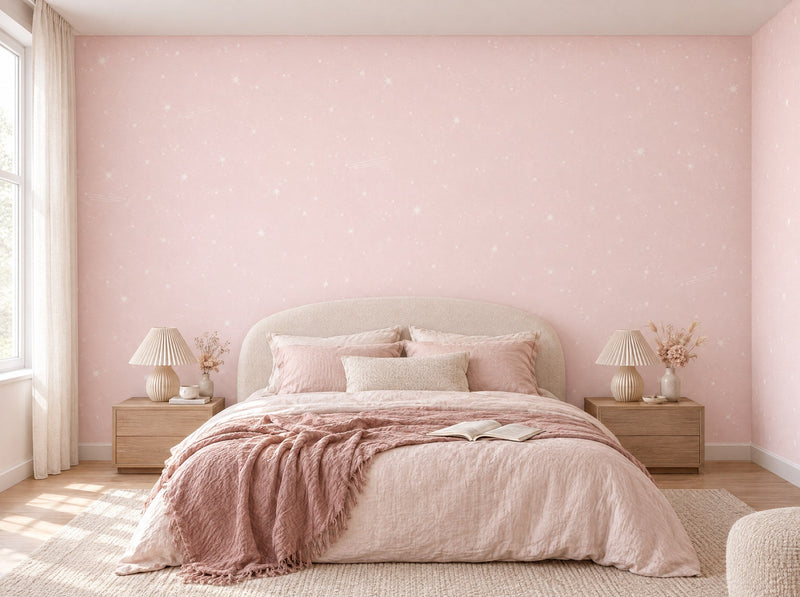 Papier peint rose pâle moucheté posé dans une chambre