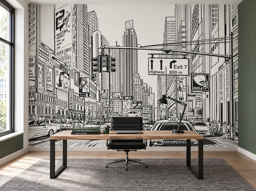 Papier peint rue de New York au crayon posé dans un bureau