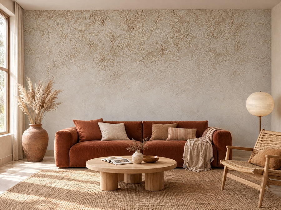 Papier peint sable patiné posé dans un salon