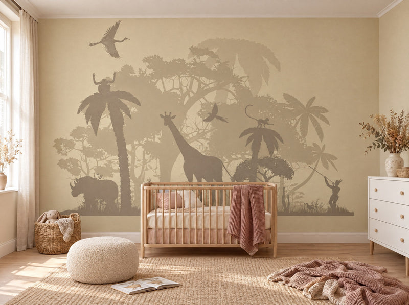 Papier peint silhouettes de la savane sable posé dans une chambre de bébé