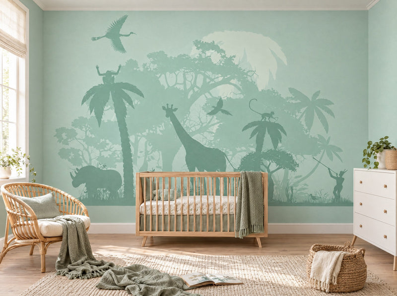 Papier peint silhouettes de la savane vert d'eau posé dans une chambre de bébé