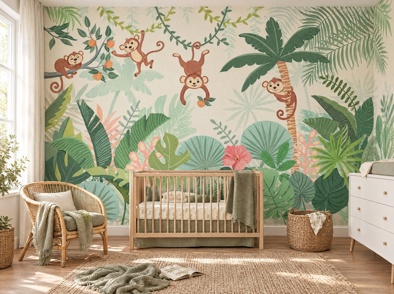 Papier peint singes dans la jungle posé dans une chambre de bébé