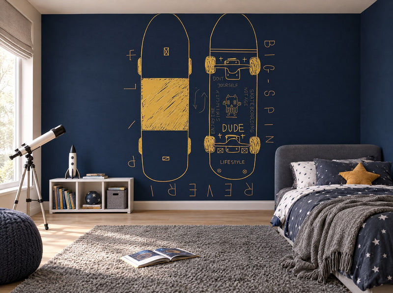 Papier peint skateboard bleu nuit posé dans une chambre d'enfant