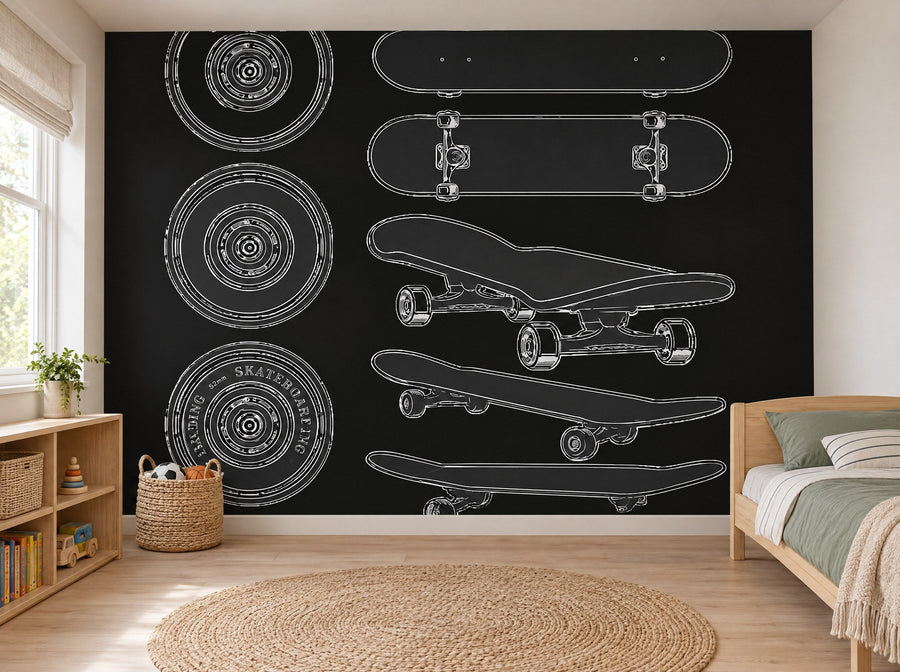 Papier peint skateboards noir et blanc posé dans une chambre d'enfant