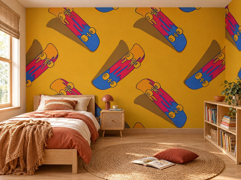 Papier peint skateboards orange posé dans une chambre d'enfant