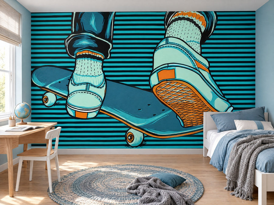 Papier peint skateur rétro posé dans une chambre d'enfant