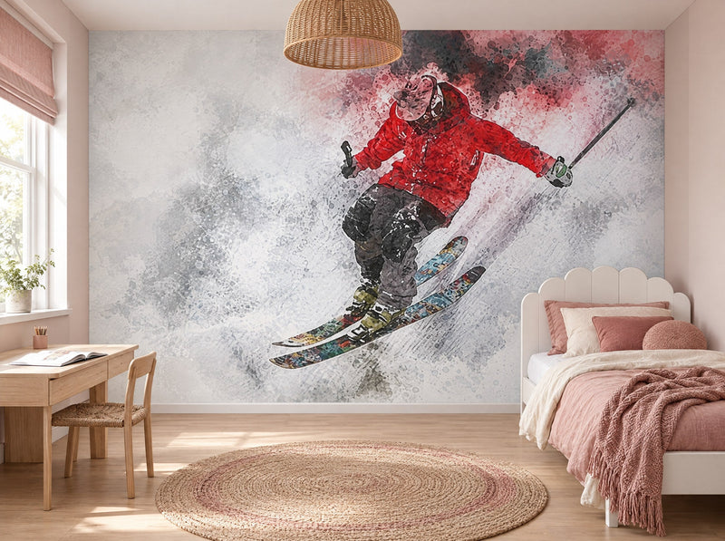 Papier peint skieur en descente posé dans une chambre d'enfant