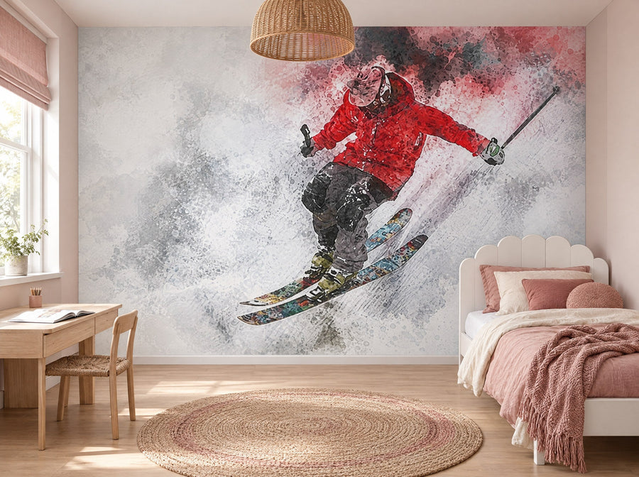 Papier peint skieur en descente posé dans une chambre d'enfant