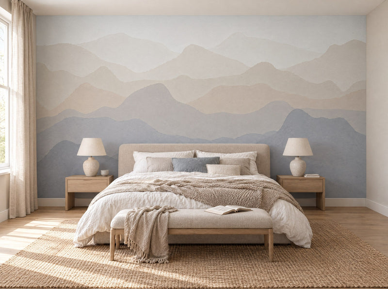 Papier peint sommets dans la brume posé dans une chambre
