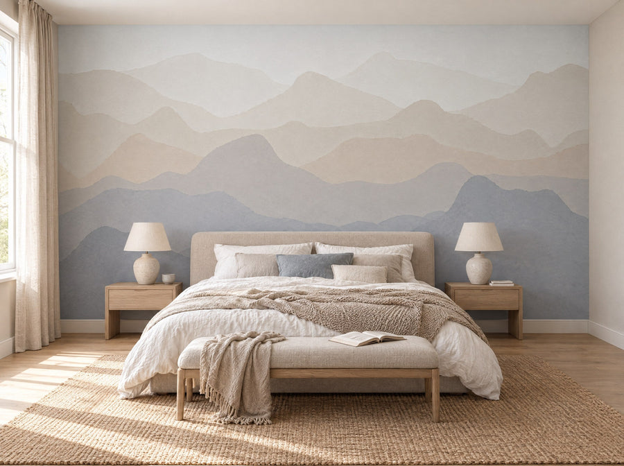 Papier peint sommets dans la brume posé dans une chambre