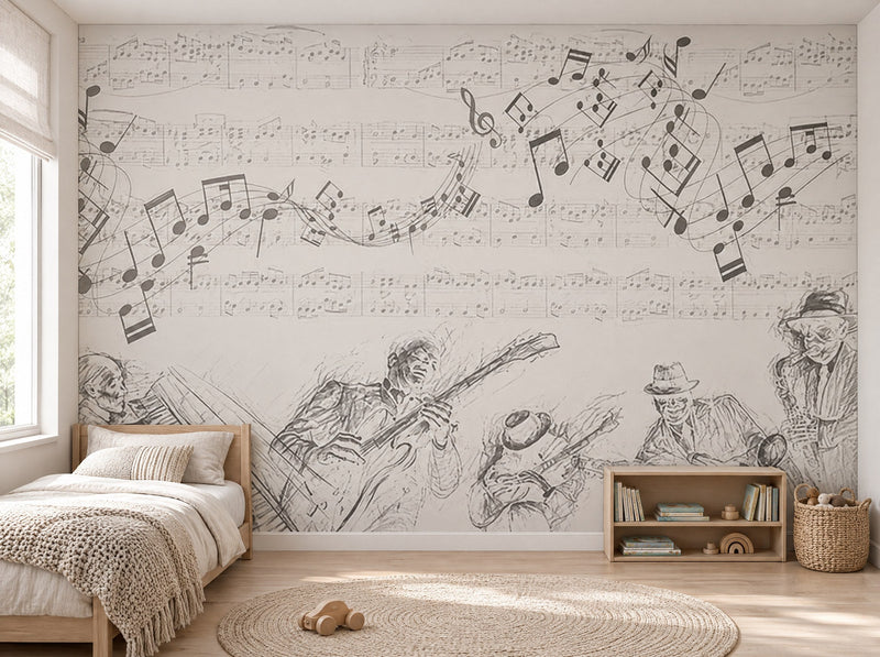 Papier peint symphonie grise posé dans une chambre d'enfant