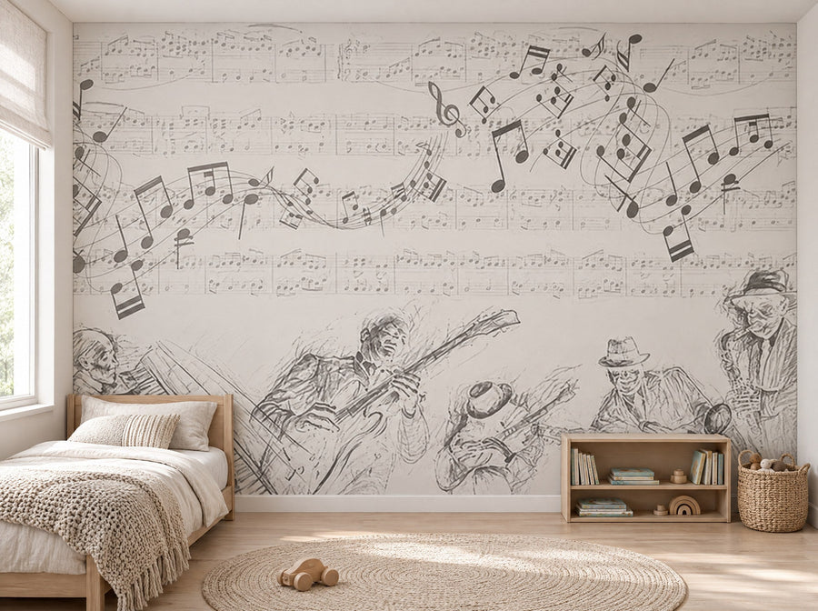 Papier peint symphonie grise posé dans une chambre d'enfant