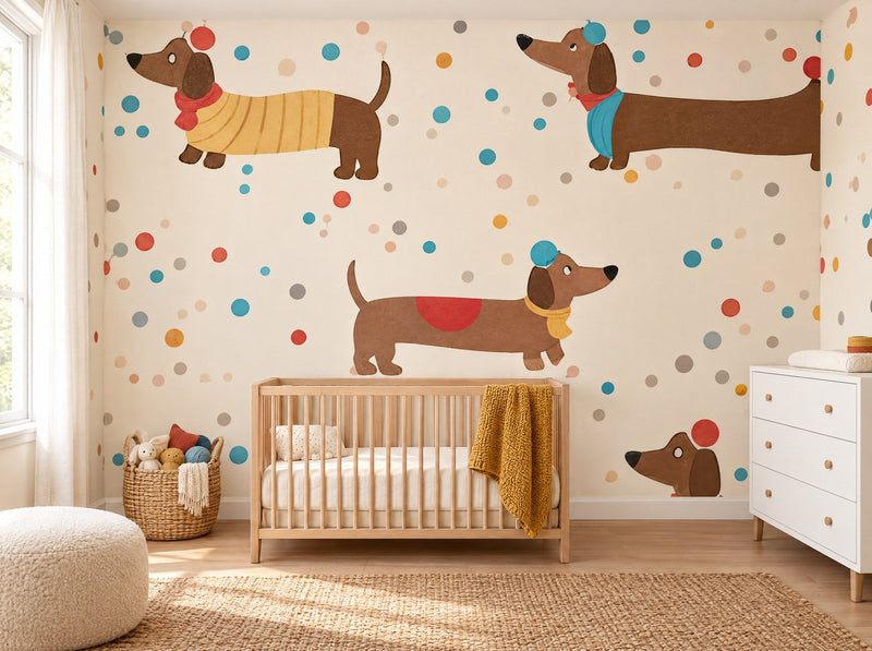 Papier peint teckels et confettis posé dans une chambre de bébé