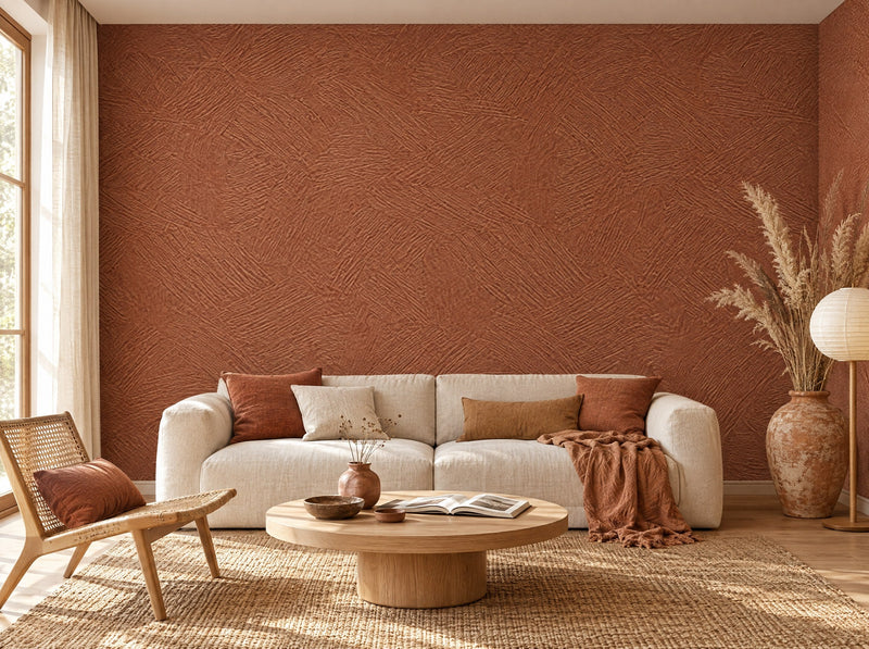 Papier peint terracotta uni posé dans un salon