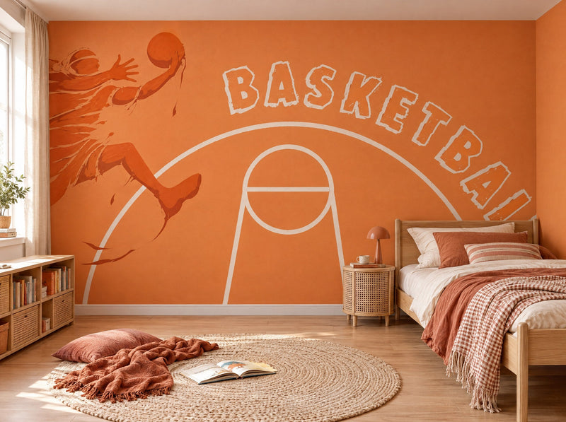 Papier peint terrain de basket posé dans une chambre d'enfant