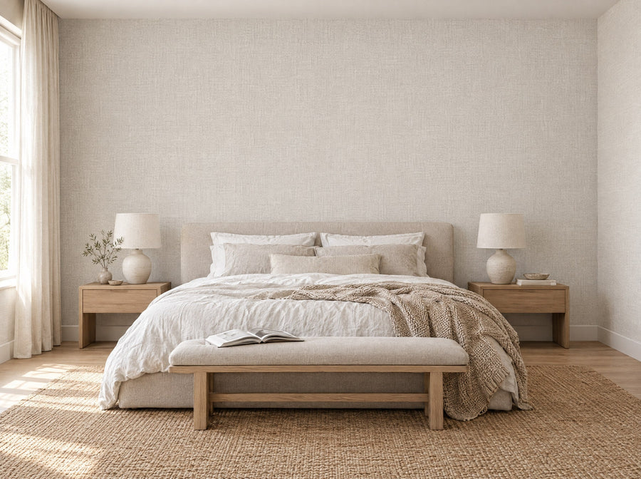 Papier peint tissage beige posé dans une chambre