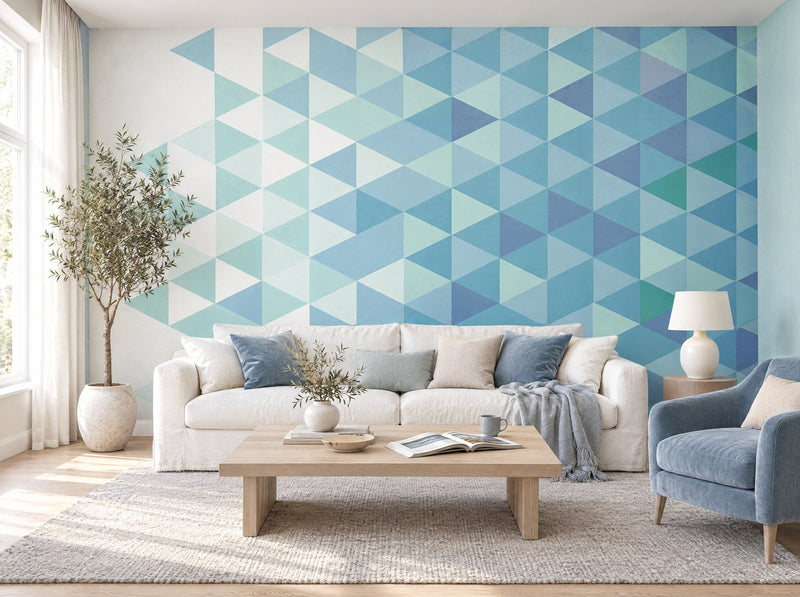 Papier peint triangles bleu glacier posé dans un salon