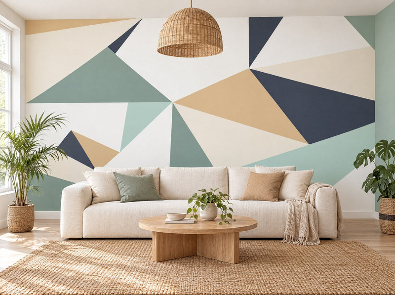 Papier peint triangles pastel posé dans un salon