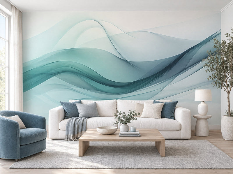 Papier peint vagues de soie posé dans un salon