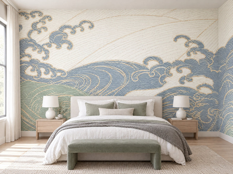 Papier peint vagues sauge posé dans une chambre