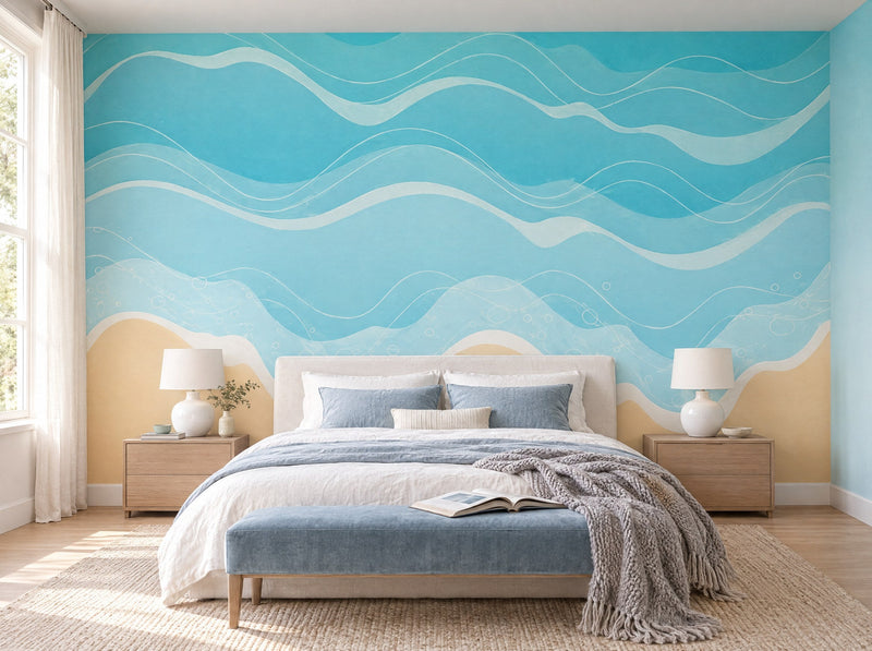 Papier peint vagues turquoise posé dans une chambre