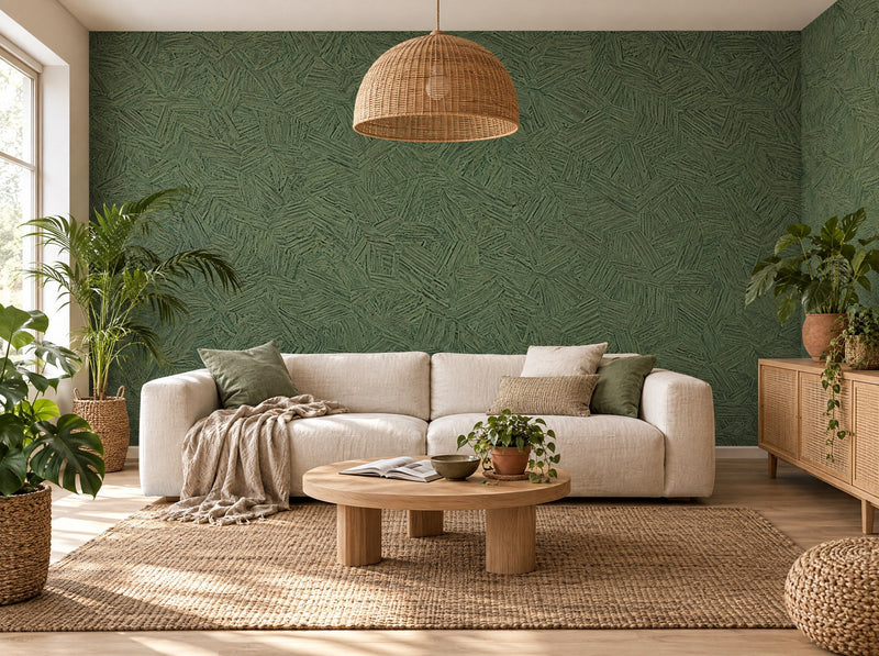 Papier peint vert mousse posé dans un salon