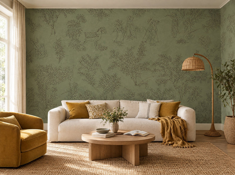 Papier peint vert olive chiné posé dans un salon