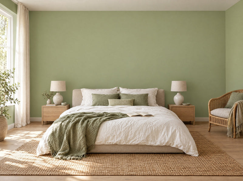 Papier peint vert tilleul posé dans une chambre