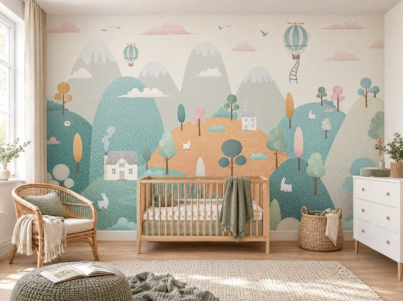 Papier peint village de montagne posé dans une chambre de bébé