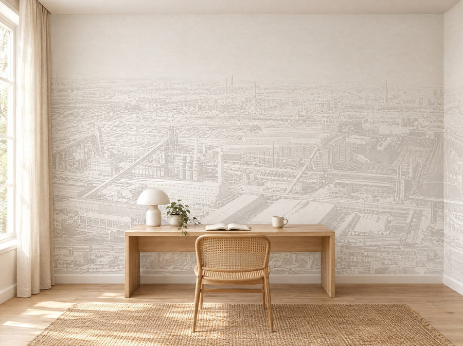 Papier peint ville dans la brume posé dans un bureau