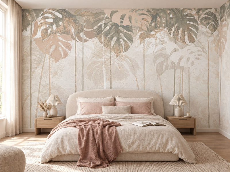 Papier peint voile de feuillage beige posé dans une chambre