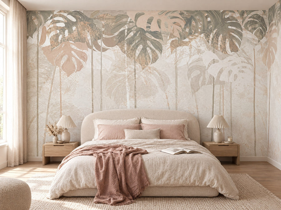 Papier peint voile de feuillage beige posé dans une chambre