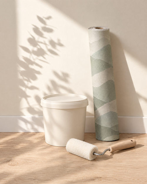 Colle pour papier peint intissé, à côté d'un rouleau Montagnes sauge