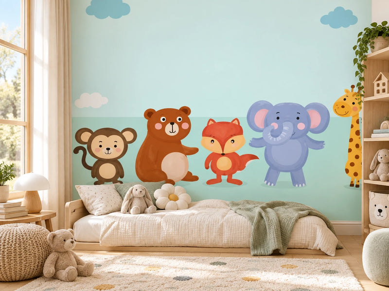 Papier peint animaux en farandole posé dans une chambre d'enfant