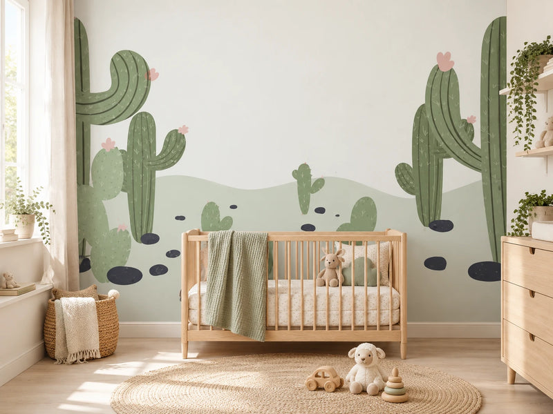Papier peint cactus du désert sauge posé dans une chambre de bébé