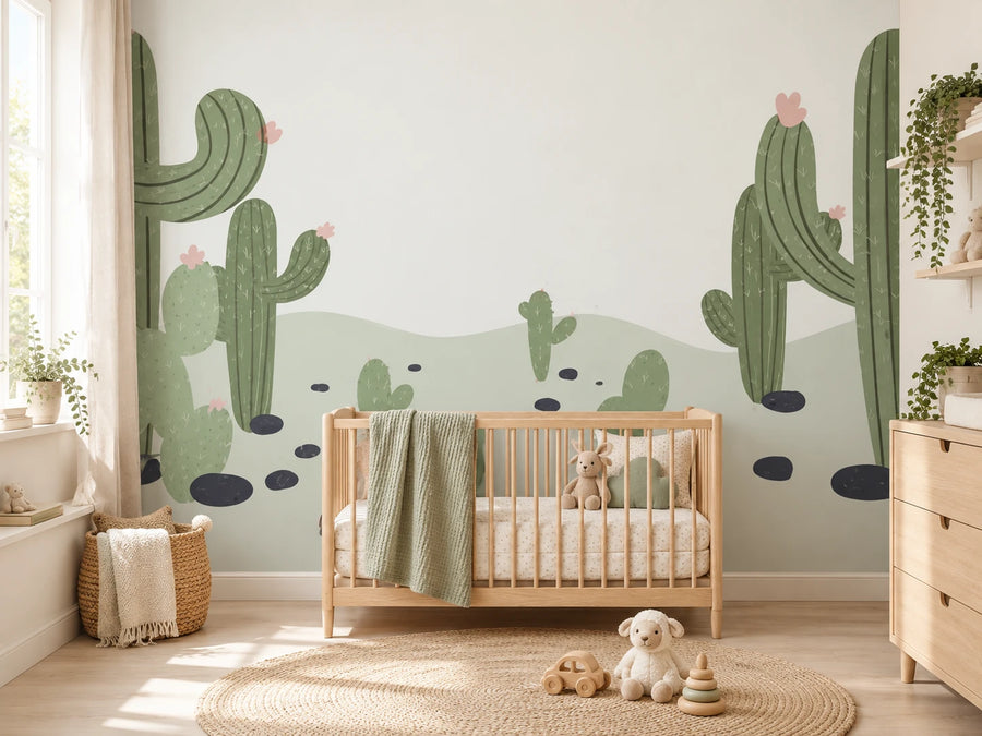 Papier peint cactus du désert sauge posé dans une chambre de bébé