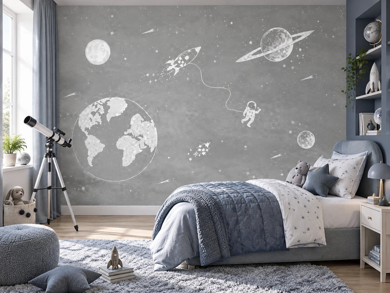 Papier peint constellation grise posé dans une chambre d'enfant