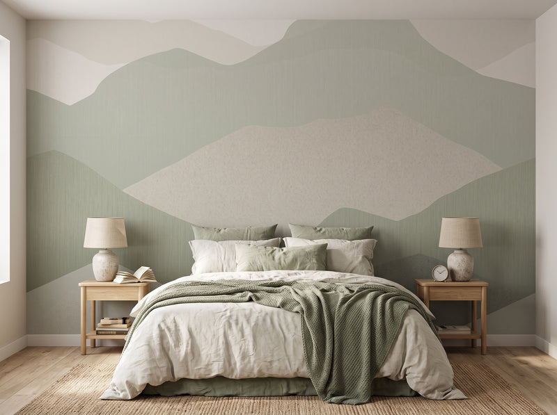 Papier peint montagnes sauge posé dans une chambre