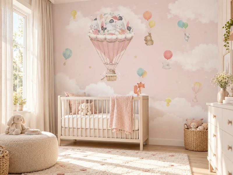 Papier peint montgolfières roses dans les nuages posé dans une chambre de bébé