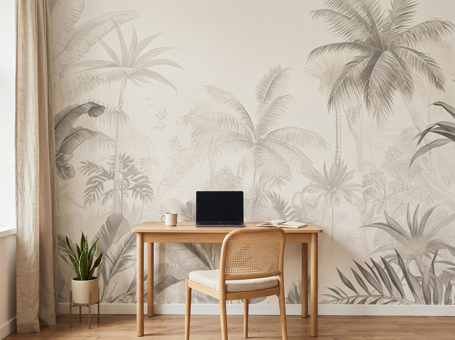 Papier peint palmiers sépia posé dans un bureau